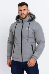 Men’s Ash Gray Oversized Fur Hood Puffer Jacket
